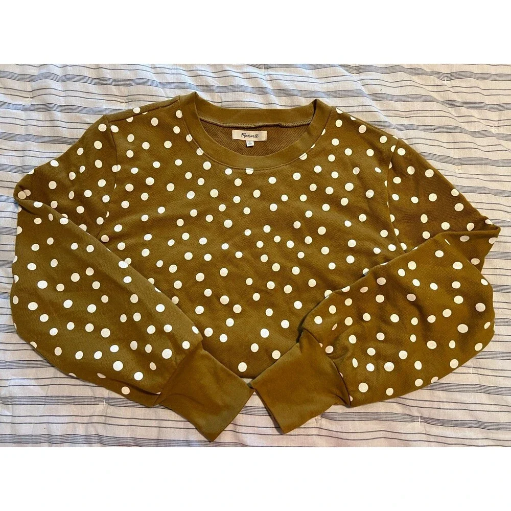 Madewell NWT! Banded Crewneck Polkadot Sweatshirt in Deep Mustard / Green Size M - Picture 6 of 12